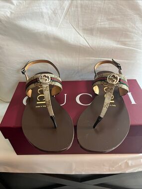 Gucci Brown Leather T-Strap Sandals with Green-Red Webbing and Silver Logo